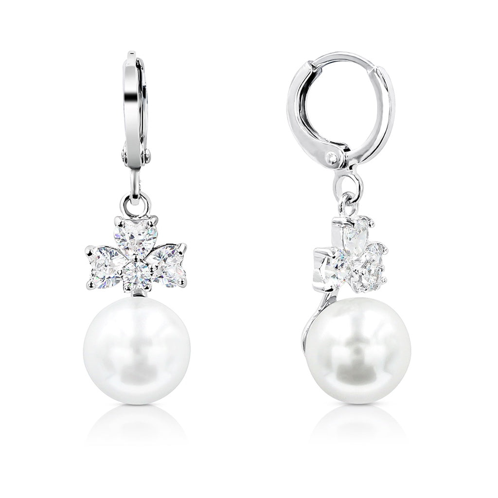 SO SEOUL Alette Clover Earrings - Pearl Drop with Cubic Zirconia Diamond Simulant Hinge Hoops or Clip-On Variants