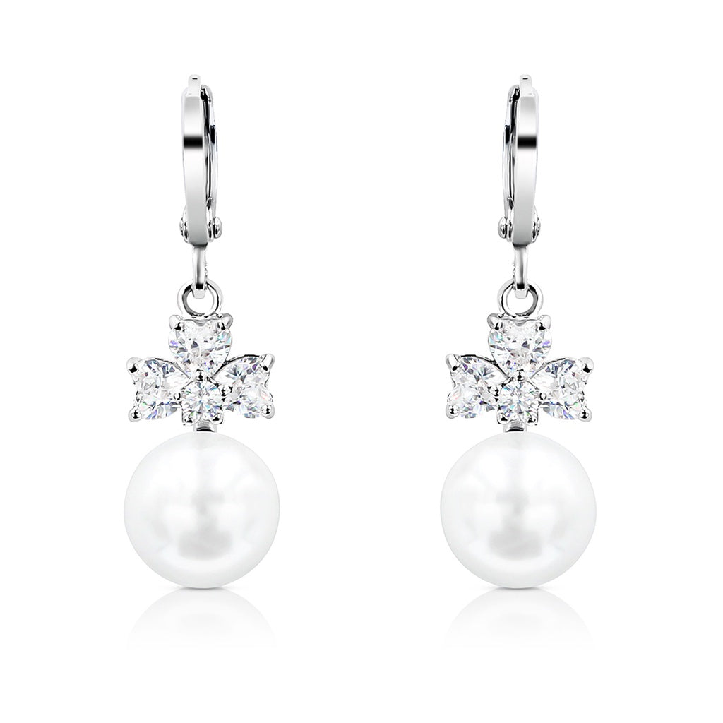 SO SEOUL Alette Clover Earrings - Pearl Drop with Cubic Zirconia Diamond Simulant Hinge Hoops or Clip-On Variants