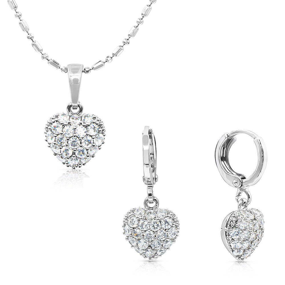 SO SEOUL Amora Love Heart Jewelry Set - Sparkling Diamond Simulant Cubic Zirconia with Pendant Necklace and Hoop Earrings
