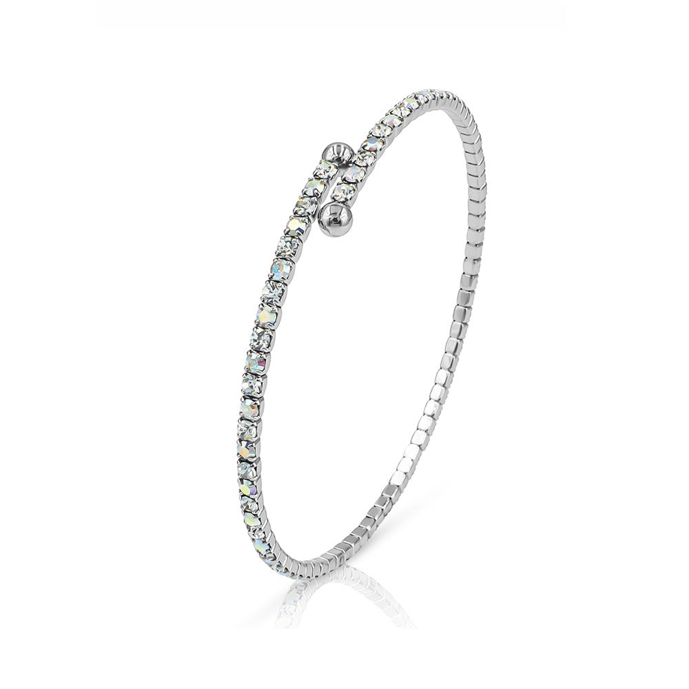 SO SEOUL Chiara Elegance Adjustable Bangle with White and Aurore Boreale Austrian Crystal in a Spiral Circle Spring Design