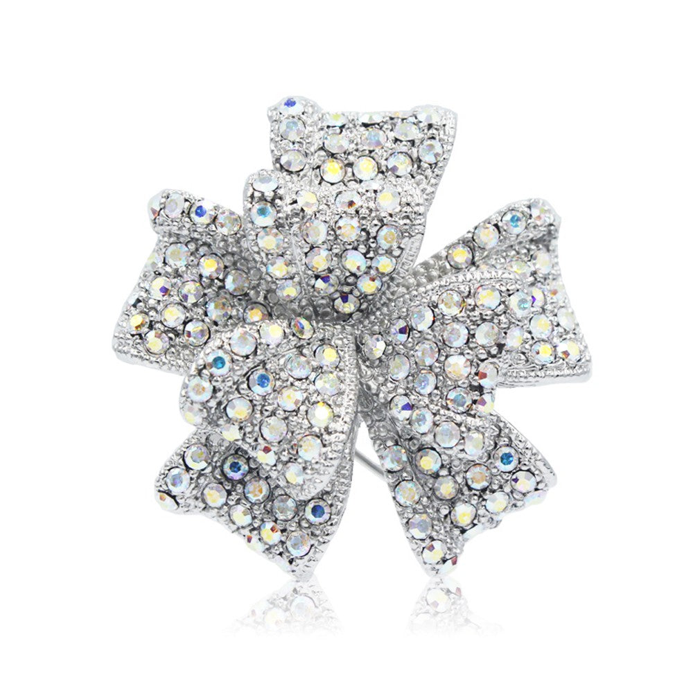 SO SEOUL Sparkling 3D Layered Ribbon Bow Brooch with Aurore Boreale Austrian Crystals and Rollover Clasp