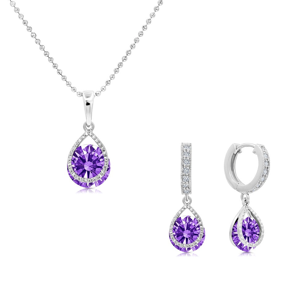 SO SEOUL Lic Crown Teardrop Amethyst-Colored Solitaire Cubic Zirconia Hoop Earrings and Pendant Necklace Set