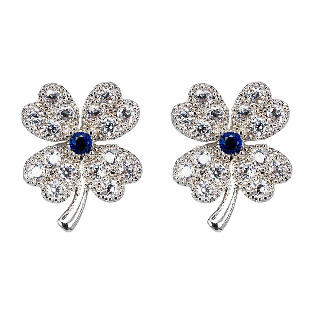 SO SEOUL Alette Four-Leaf Lucky Clover Stud Earrings with Diamond Simulant Cubic Zirconia and Central Blue Accent