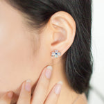 Load image into Gallery viewer, SO SEOUL Alette Four-Leaf Lucky Clover Stud Earrings with Diamond Simulant Cubic Zirconia and Central Blue Accent
