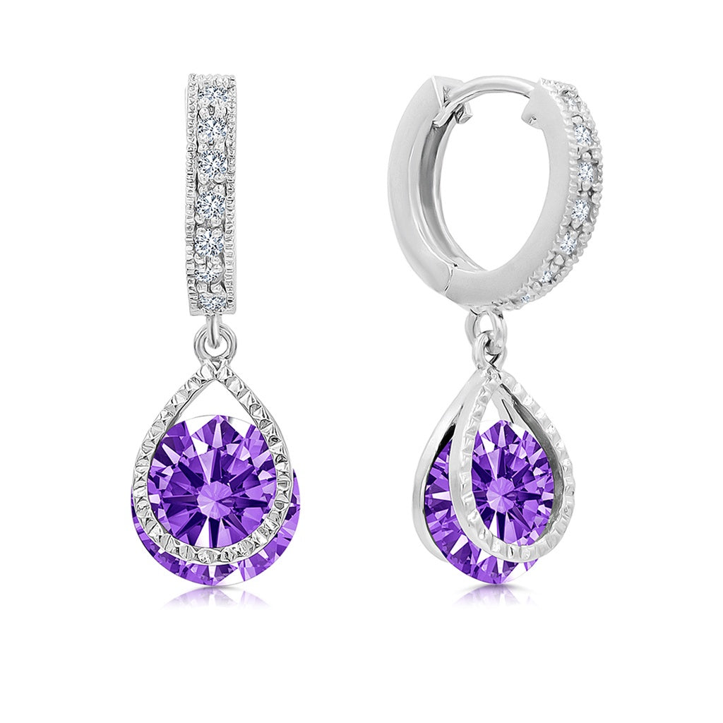 SO SEOUL Lic Crown Teardrop Amethyst-Colored Solitaire Cubic Zirconia Hoop Earrings and Pendant Necklace Set