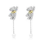 Load image into Gallery viewer, SO SEOUL Teddy Bear Aurore Boreale Crystal Pearl Accent with Mixed Metal Bow Chain Dangle Earrings
