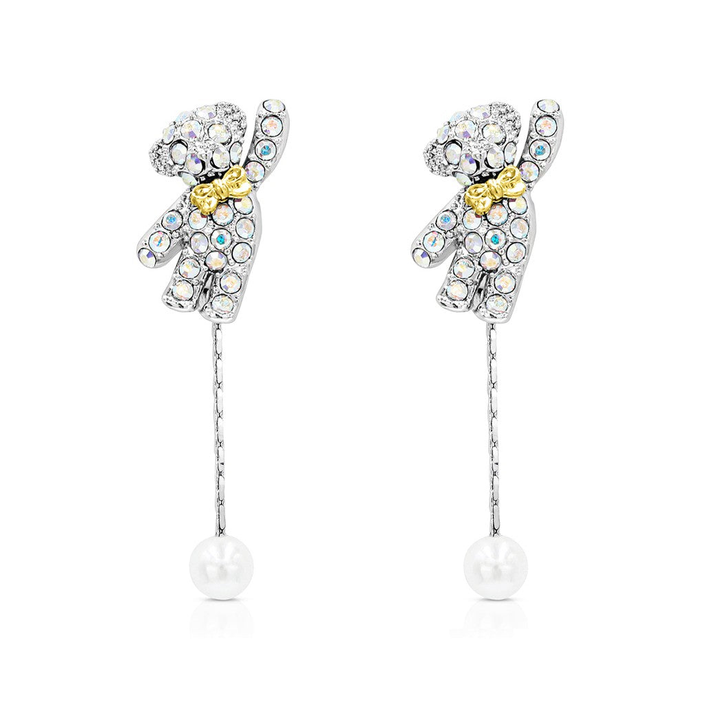 SO SEOUL Teddy Bear Aurore Boreale Crystal Pearl Accent with Mixed Metal Bow Chain Dangle Earrings