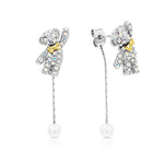 Load image into Gallery viewer, SO SEOUL Teddy Bear Aurore Boreale Crystal Pearl Accent with Mixed Metal Bow Chain Dangle Earrings
