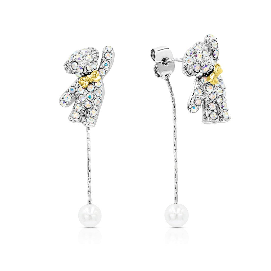 SO SEOUL Teddy Bear Aurore Boreale Crystal Pearl Accent with Mixed Metal Bow Chain Dangle Earrings
