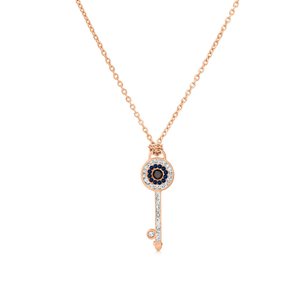 SO SEOUL Infinite Love Pendant Necklace - Elegant Key Design with White and Montana Blue Austrian Crystals on a Rose Gold Fixed Chain