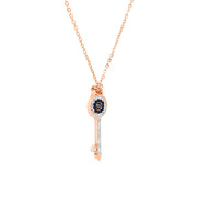 SO SEOUL Infinite Love Pendant Necklace - Elegant Key Design with White and Montana Blue Austrian Crystals on a Rose Gold Fixed Chain
