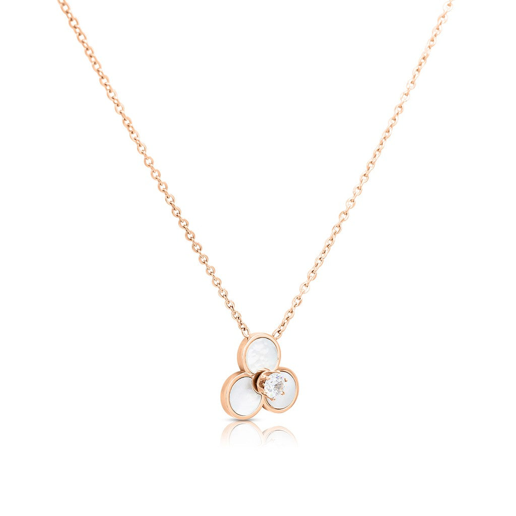 SO SEOUL Alette Three-Leaf Clover Necklace with Mother of Pearl, Diamond Simulant Zircon, and Rose Gold Chain