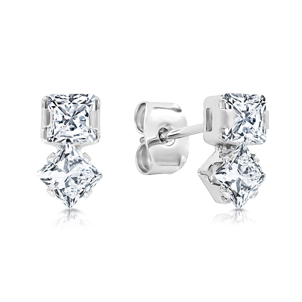 SO SEOUL Athena Dual Emerald Cut Diamond Simulant Cubic Zirconia Rhodium-Plated Stud Earrings