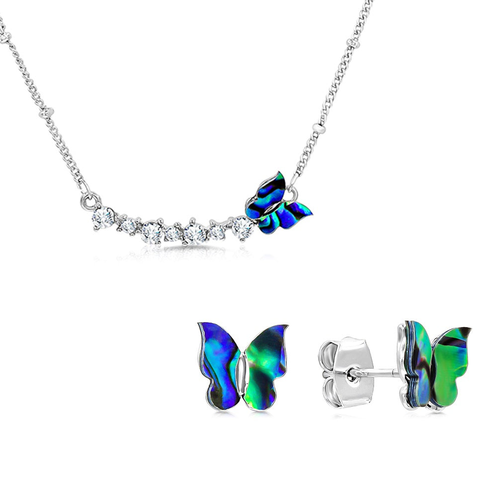 SO SEOUL Claire Flying Butterfly Mother of Pearl or Abalone Shell with Austrian Crystals Stud Earrings and Pendant Necklace Set