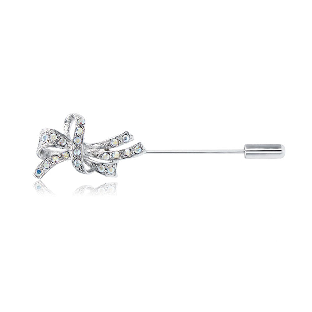 SO SEOUL Austrian Crystal Ribbon Bow Lapel Pin - Aurore Boreale Metal Brooch