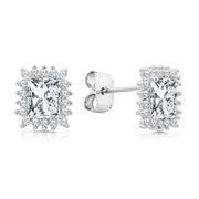 SO SEOUL Halo Emerald-Cut Diamond Simulant Cubic Zirconia Rectangle Stud Earrings