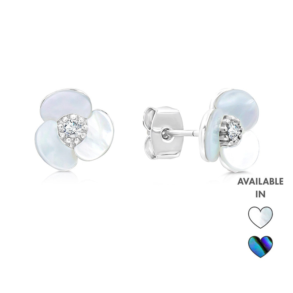 SO SEOUL Claire Triple Flower Petal Mother of Pearl or Abalone Shell Stud Earrings with Austrian Crystals