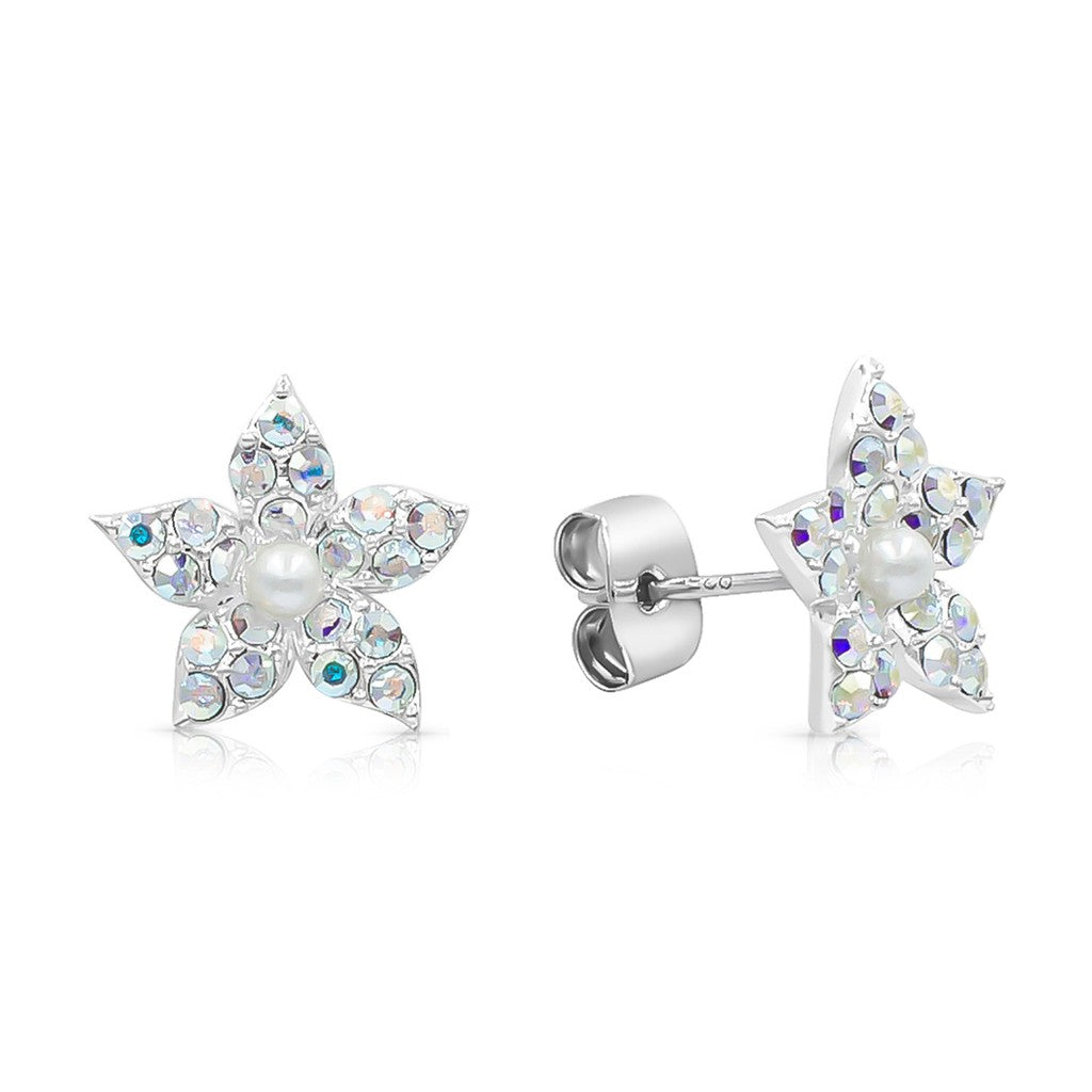 SO SEOUL Leilani Aurore Boreale Crystal and Pearl Flower Stud Earrings