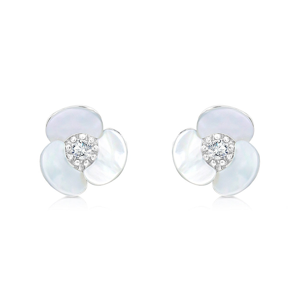 SO SEOUL Claire Triple Flower Petal Mother of Pearl or Abalone Shell Stud Earrings with Austrian Crystals