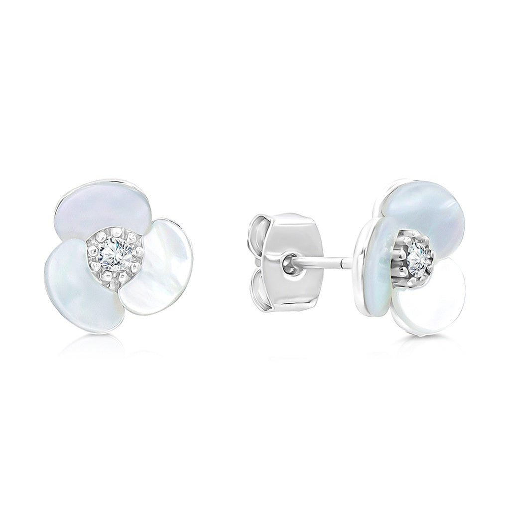 SO SEOUL Claire Triple Flower Petal Mother of Pearl or Abalone Shell Stud Earrings with Austrian Crystals