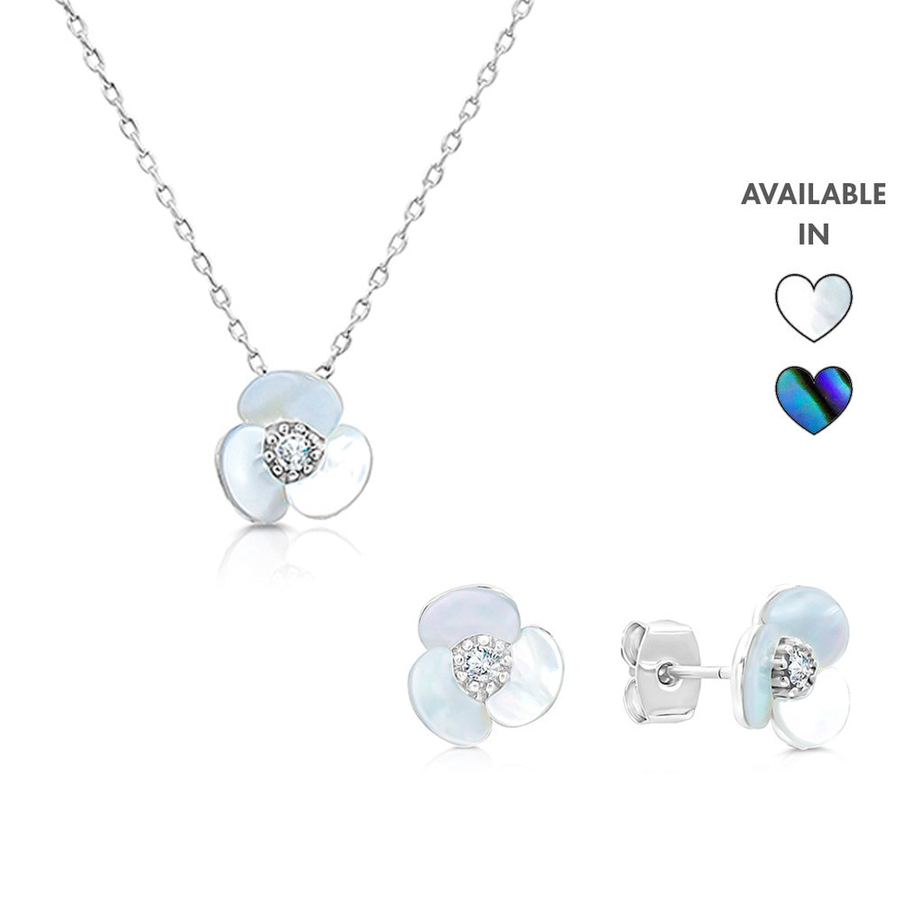 SO SEOUL Claire Triple Flower Petal Mother of Pearl or Abalone Shell Pendant Necklace and Stud Earrings Set with Austrian Crystals