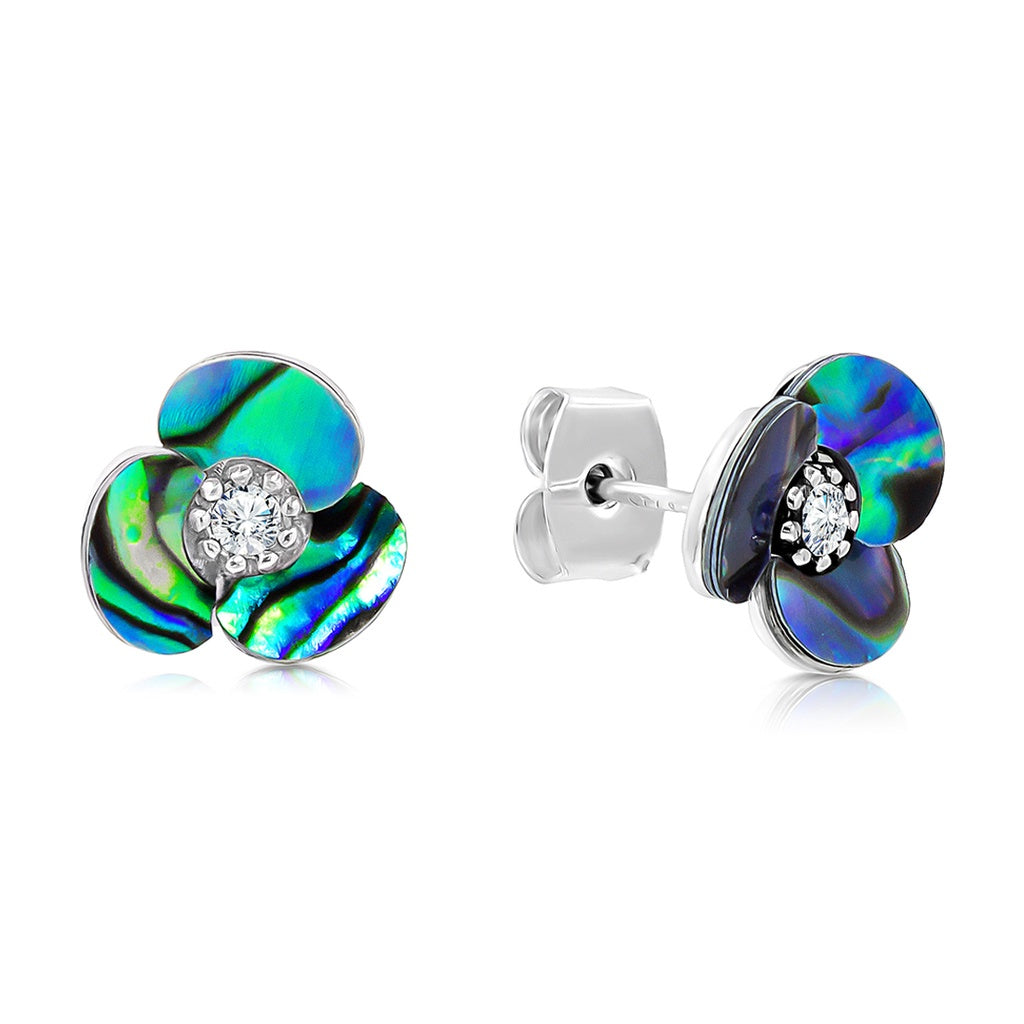 SO SEOUL Claire Triple Flower Petal Mother of Pearl or Abalone Shell Stud Earrings with Austrian Crystals