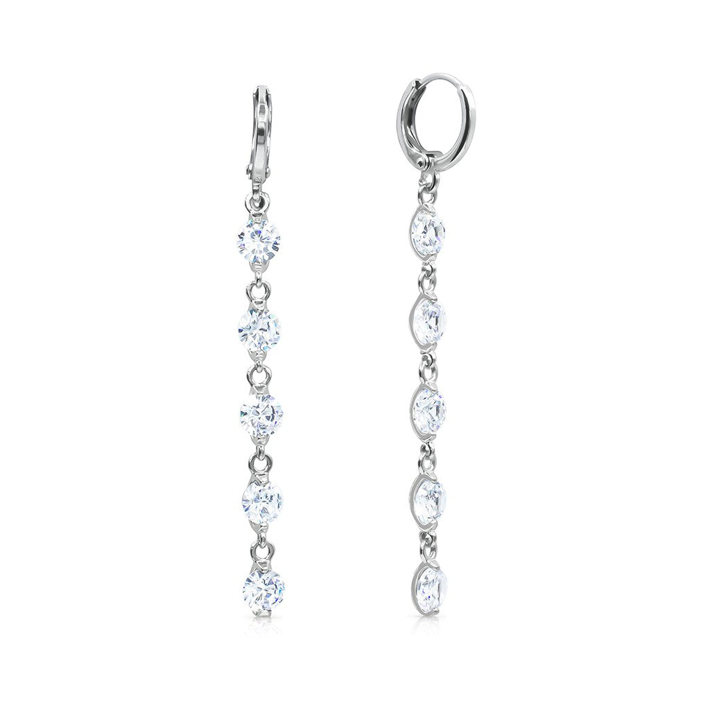 SO SEOUL Athena Quintuple Round Brilliant-Cut Diamond Simulant Zirconia Long Dangle Earrings with Hinge Hoop and Clip-On Options