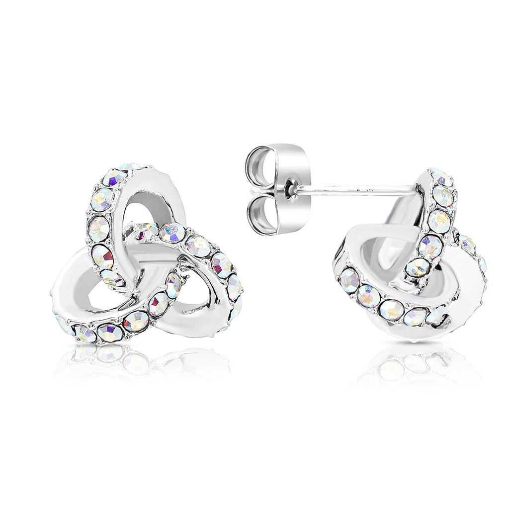 SO SEOUL Glimmering Triple Twisted Intertwine 3D Aurore Boreale Austrian Crystals and Silver Post Stud Earrings