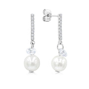 SO SEOUL Elegant Crown-Inspired Round Cut Cubic Zirconia and Pearl Drop Stud Earrings