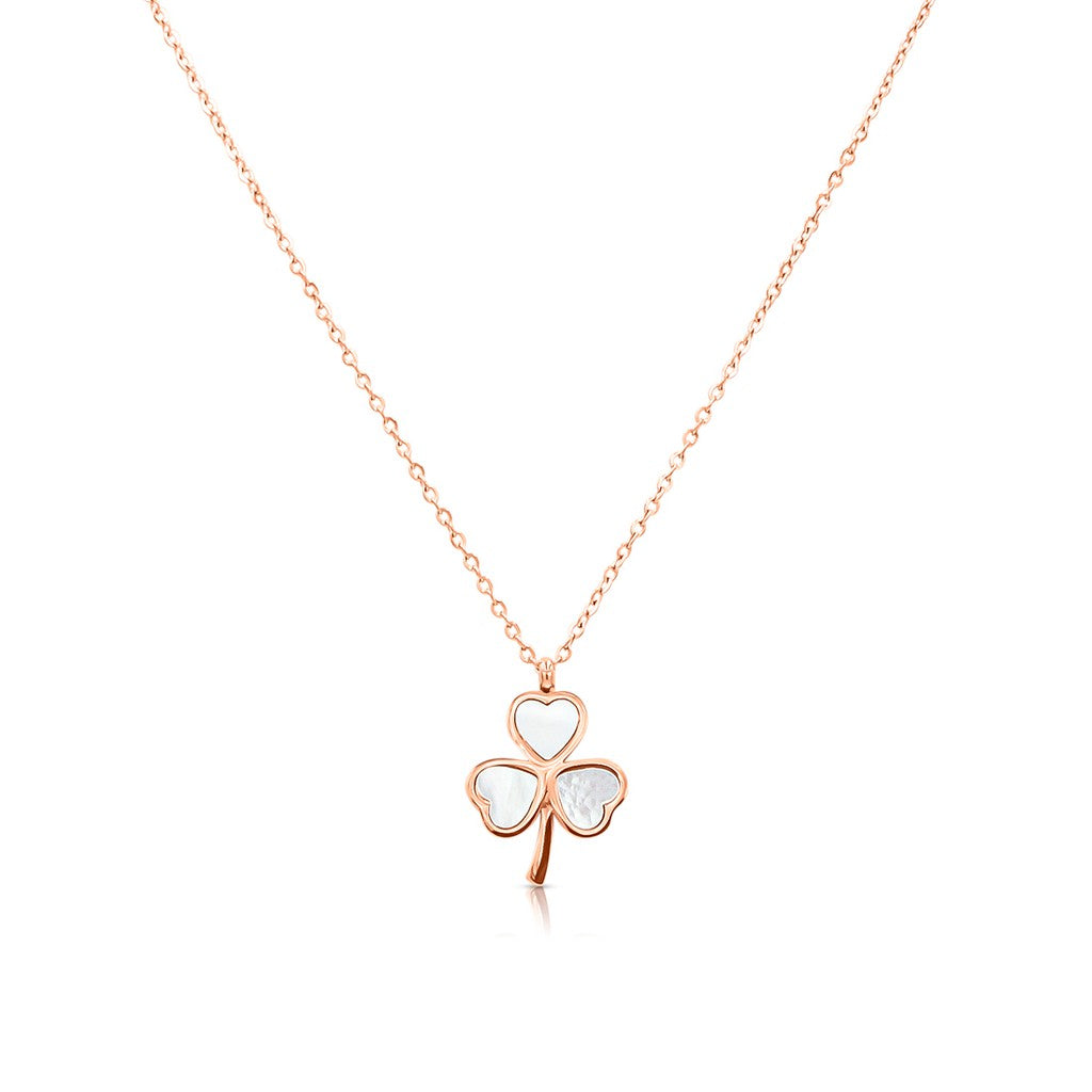 SO SEOUL Alette Three-Leaf Heart Clover Mother of Pearl Pendant in Rose Gold Fixed Chain Necklace