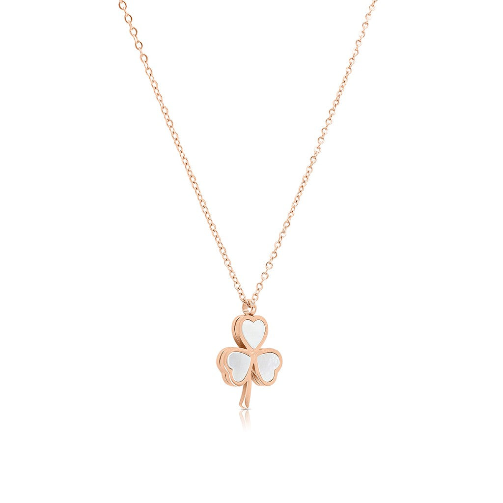 SO SEOUL Alette Three-Leaf Heart Clover Mother of Pearl Pendant in Rose Gold Fixed Chain Necklace