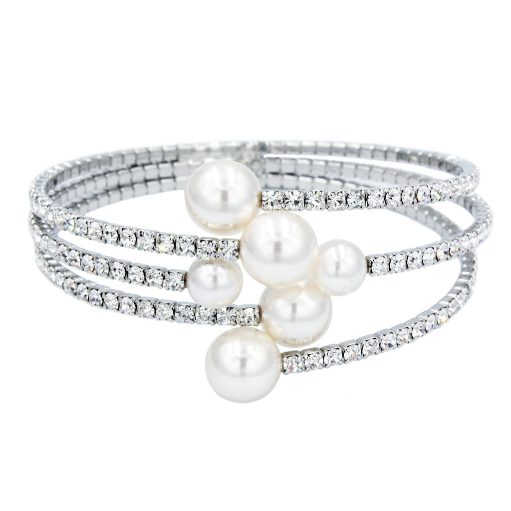 SO SEOUL Quinn Cream White Pearl and Austrian Crystal Open Bangle Bracelet