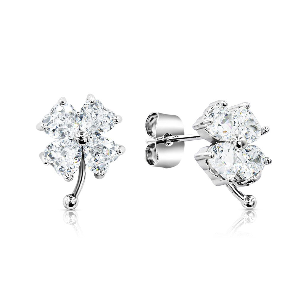 SO SEOUL Alette Heart-Shaped Four-Leaf Clover Diamond Simulant Cubic Zirconia Stud Earrings