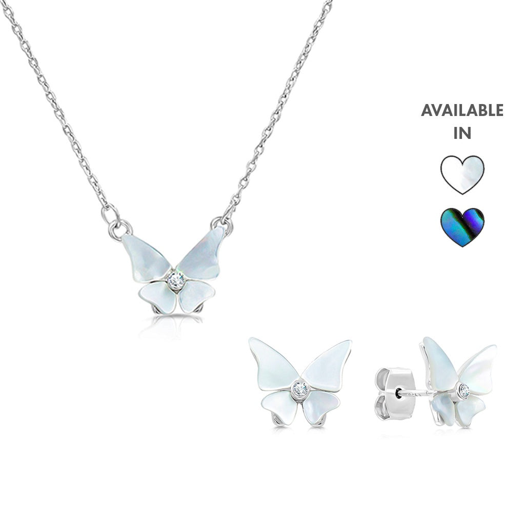 SO SEOUL Claire Flower Butterfly Mother of Pearl or Abalone Shell with Austrian Crystal Stud Earrings and Pendant Necklace Set