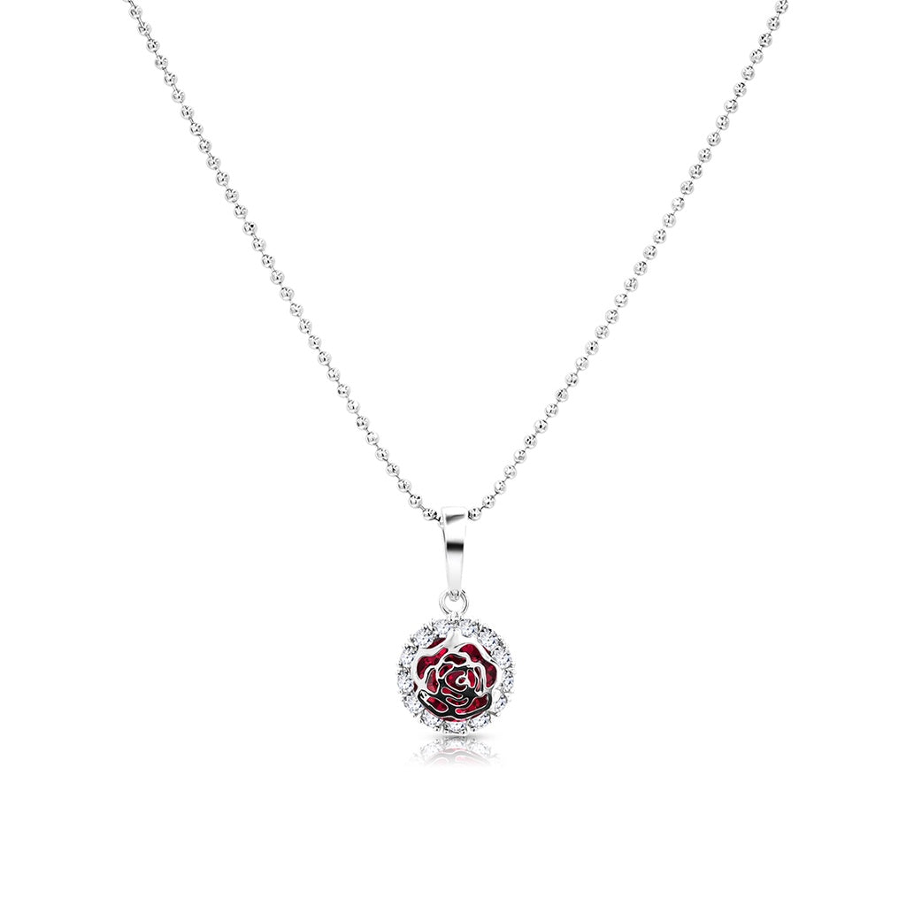 SO SEOUL Camellia-Inspired Rose, White or Ruby-Red Floral Diamond Simulant Zirconia Pendant Necklace