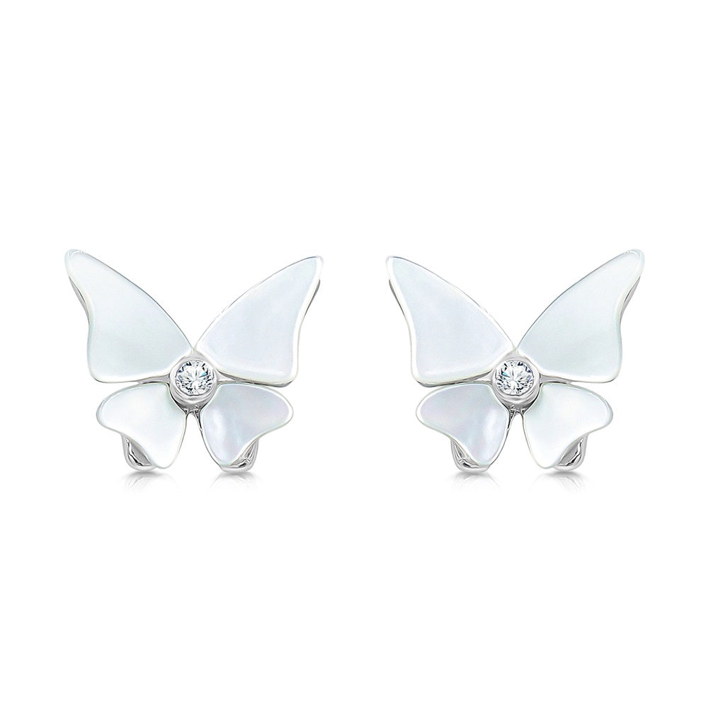 SO SEOUL Claire Flower Butterfly Mother of Pearl or Abalone Shell with Austrian Crystal Stud Earrings and Pendant Necklace Set