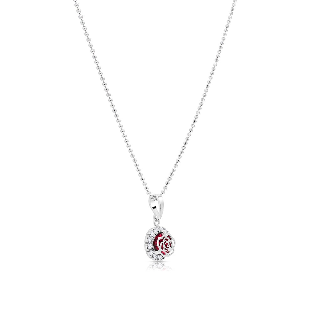 SO SEOUL Camellia-Inspired Rose, White or Ruby-Red Floral Diamond Simulant Zirconia Pendant Necklace