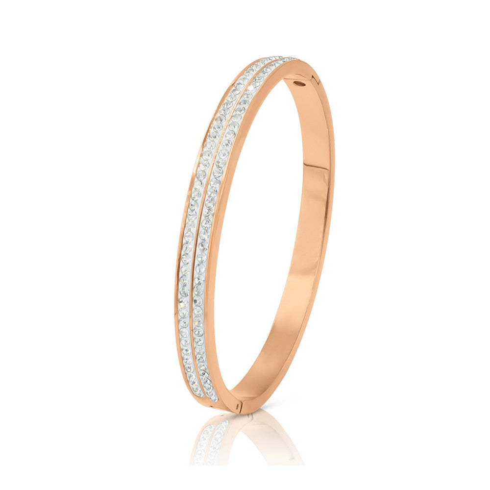 SO SEOUL Chentel Rose Gold Bangle with Dual Rows of White Austrian Crystals – Elegant Side-Hinge Design