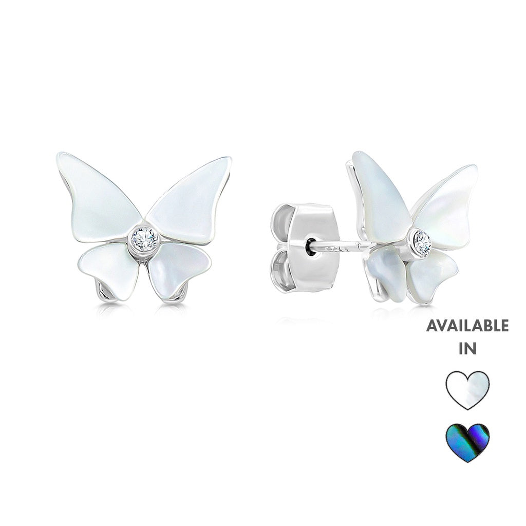 SO SEOUL Claire Flower Butterfly Mother of Pearl & Abalone Shell with Austrian Crystal Stud Earrings