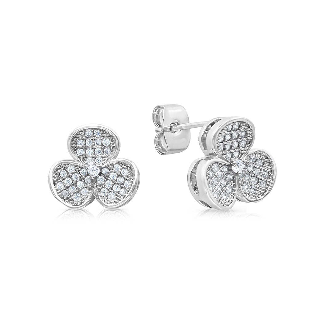 SO SEOUL Alette Clover Pave Stud Earrings - Elegant Cubic Zirconia with Silver Post Backs