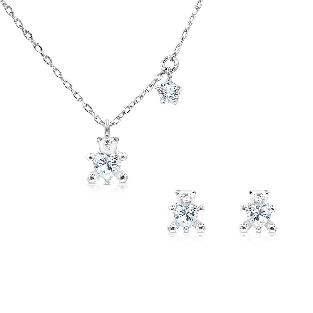 SO SEOUL Teddy Bear Heart Diamond Simulated Pendant Necklace and Stud Earrings Set