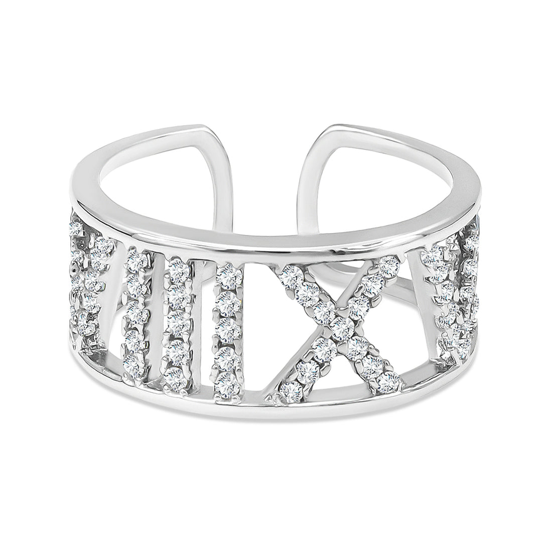 SO SEOUL Valeria Adjustable Open Ring with Roman Numeral Design and Encrusted Diamond Simulant Cubic Zirconia