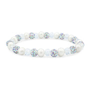 SO SEOUL Lucent Nature Freshwater White Pearl with Round White Austrian Crystal Elastic Bracelet
