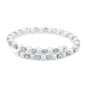 SO SEOUL Quinn Pearl in White Classic Single Row Austrian Crystal Spiral Adjustable Open-End Bangle
