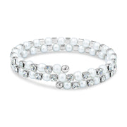 SO SEOUL Quinn Pearl in White Classic Double Row Austrian Crystal Spiral Adjustable Open-End Bangle