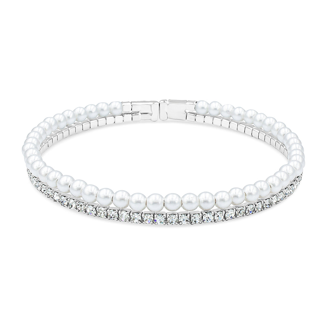 SO SEOUL Chiara Classic Double-Row Pearl and Austrian Crystal Open Bangle