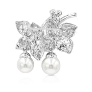 SO SEOUL Camellia Leaves Double Dangling Pearls and Austrian Crystal Rollover Clasp Brooch