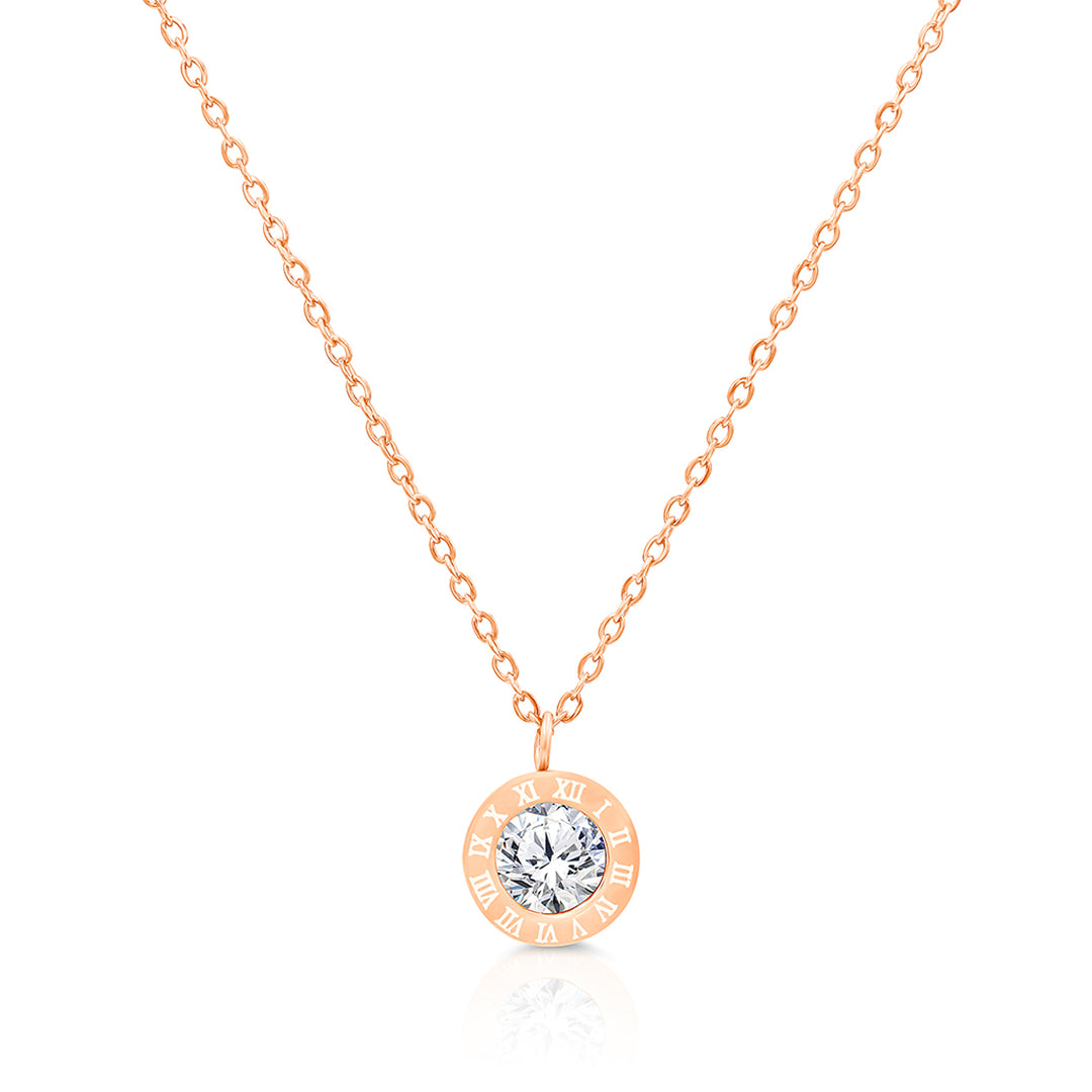 SO SEOUL Roman Numeral Classic Round Austrian Crystal Rose Gold Pendant Necklace