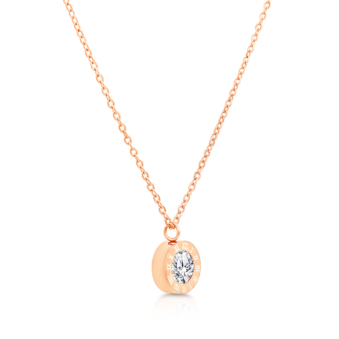 SO SEOUL Roman Numeral Classic Round Austrian Crystal Rose Gold Pendant Necklace