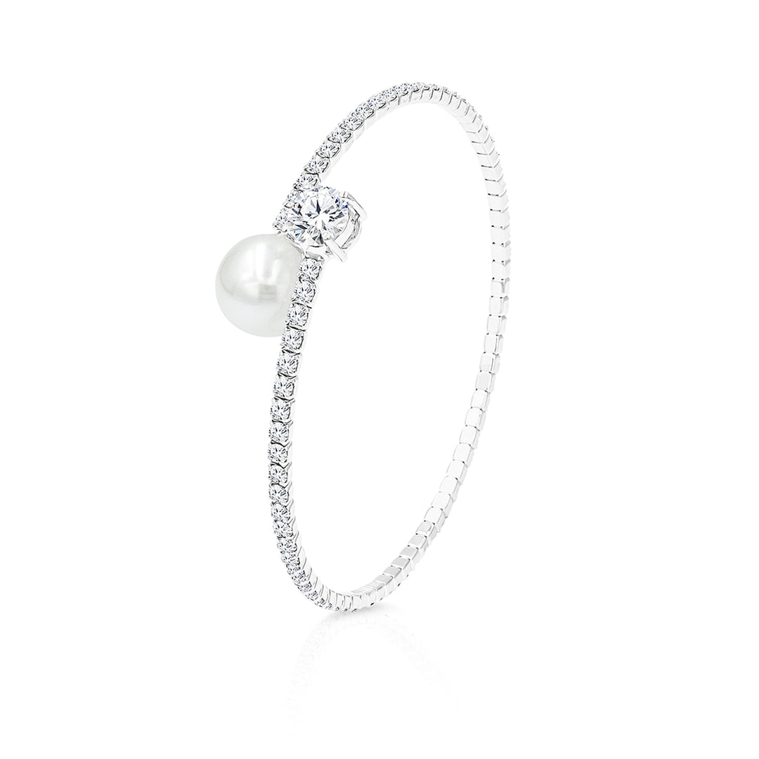 SO SEOUL Everleigh Petite Spiral Bangle with White Pearl and Diamond Simulant Zirconia in Round/Heart/Flower Shapes - Adjustable Spring Design